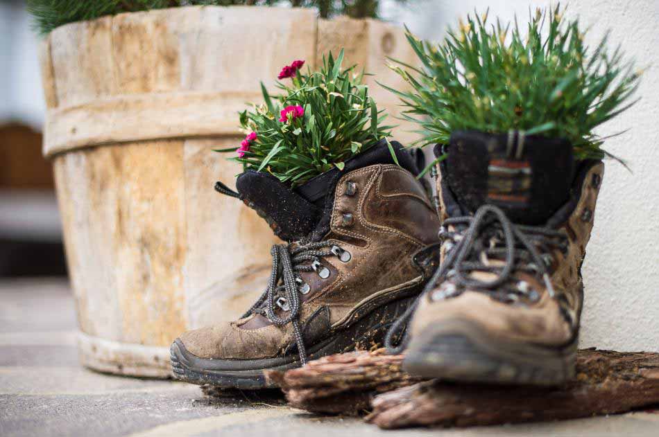 Hiking boots planted with flowers