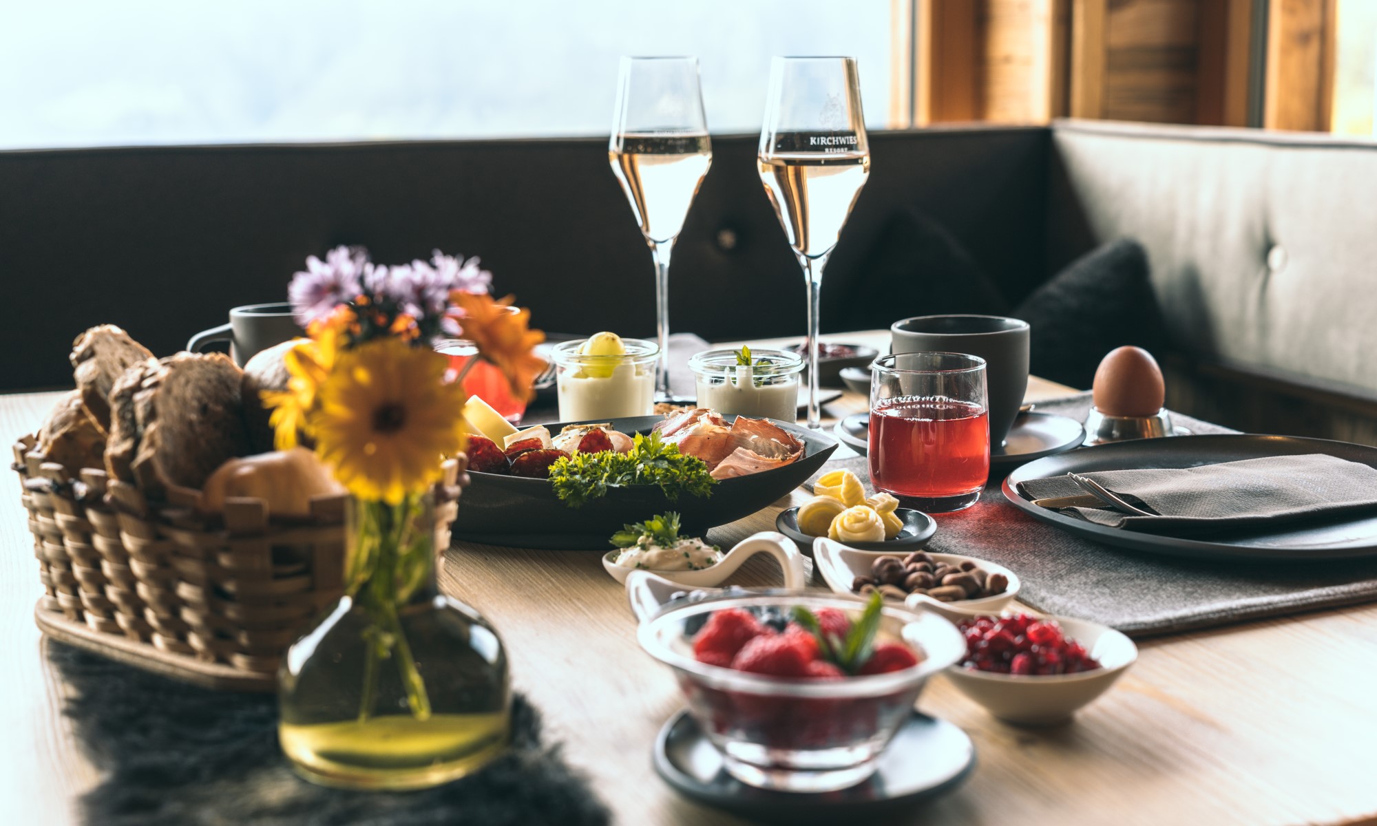 Breakfast table with farm-fresh products, at Chalet Resort